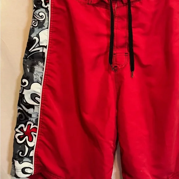 H-25 Men’s RS Surf Red Gray & White Floral Side Seam Summer Swim Board Shorts - Picture 2 of 10